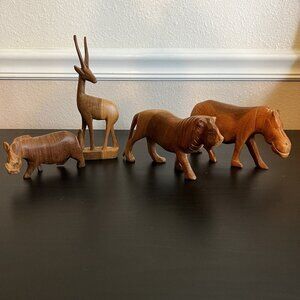 Vintage Hand Carved Wood Lion Antelope Rhino Hippo Sculpture Figure Folk Art MCM